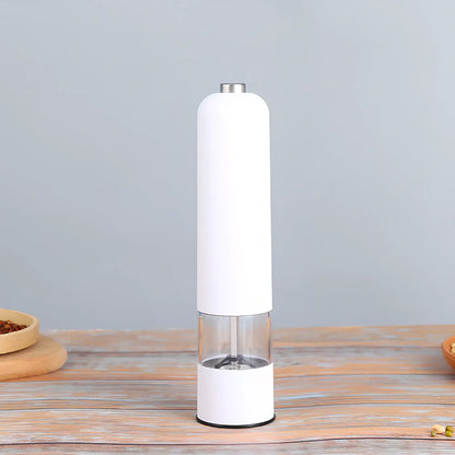 Silver stainless steel electric salt and pepper grinder with one-handed operation button