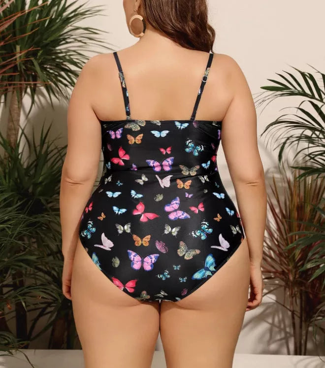 Plus size black print swimsuit with high elasticity for women