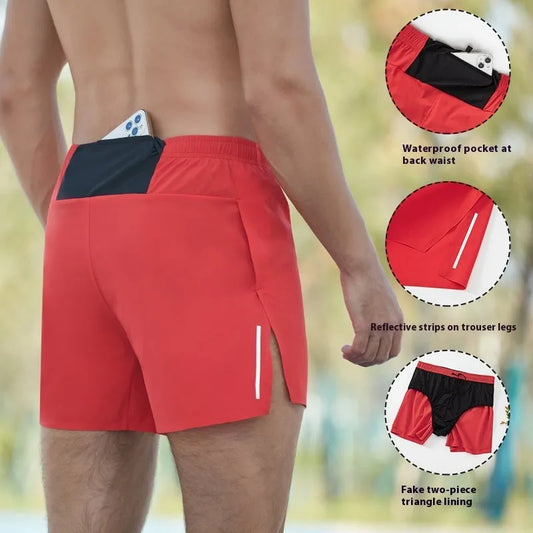 Men's off-road running shorts in navy blue with high waist and loose fit for marathon running