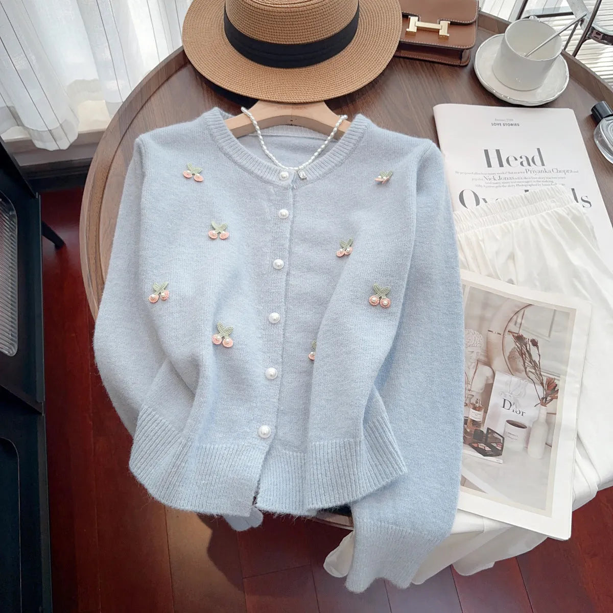 Cardigan-style sweater coat with round neck and beaded decoration in slim fit