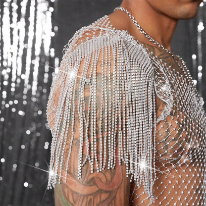 Grid rhinestone fishnet vest in dyed silver see-through nylon, loose fit, sizes S to XL