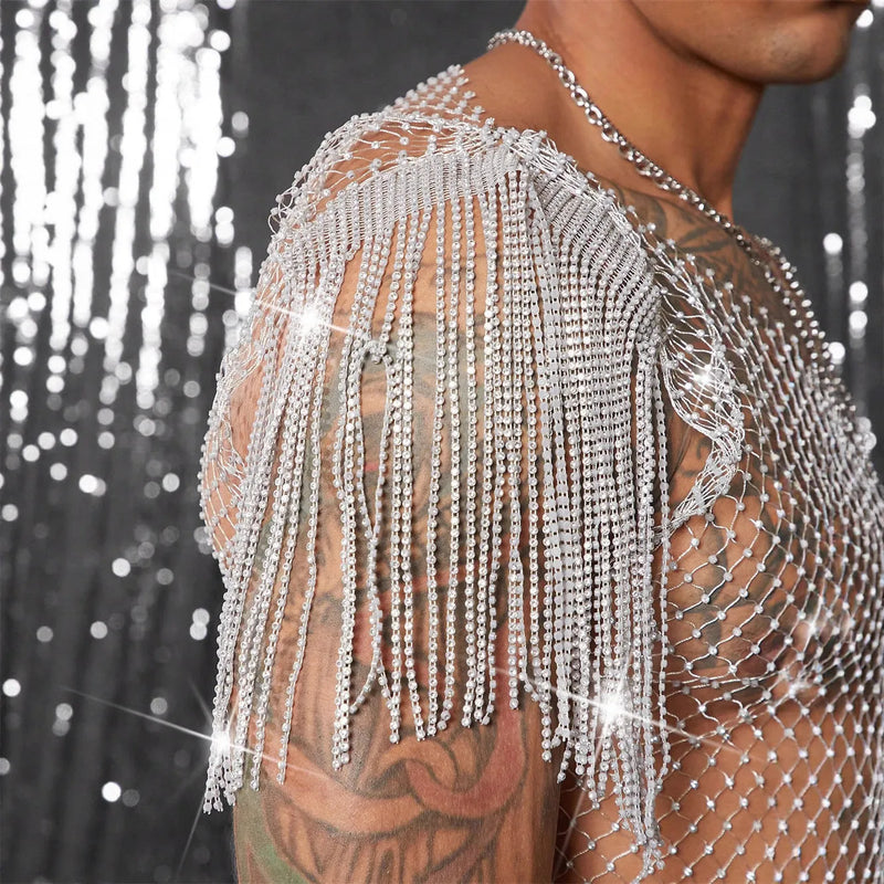 Grid Rhinestone Fishnet T-shirt See-through Nylon Vest for Nightclub Beach Loose Fit Solid Colour Dyed Silver Sizes S M L XL Unisex Grid Mesh Top
