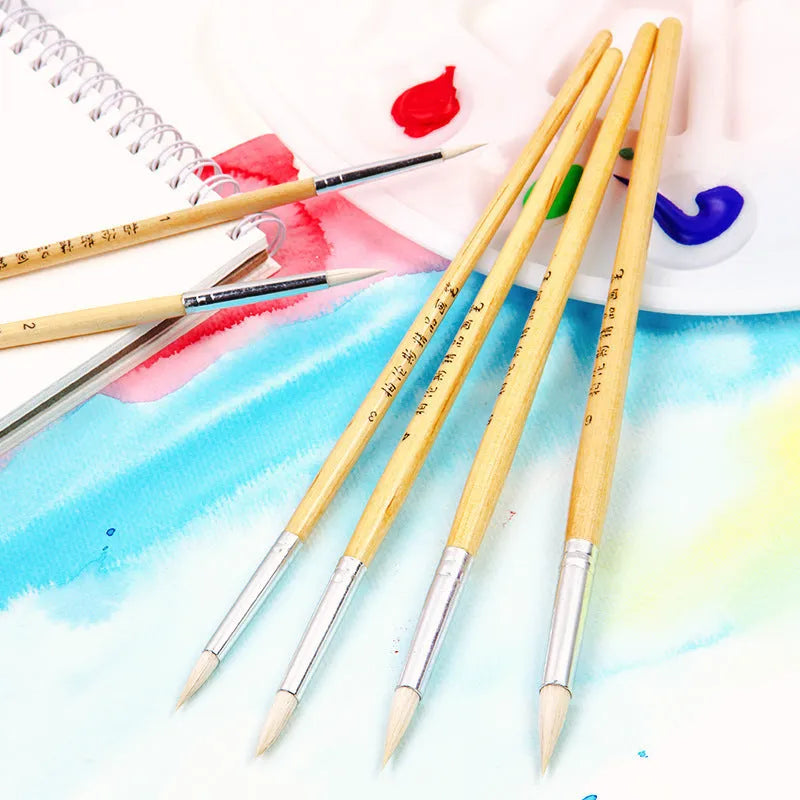 Six wooden pen brushes with pointed hook line design and wool bristles arranged together