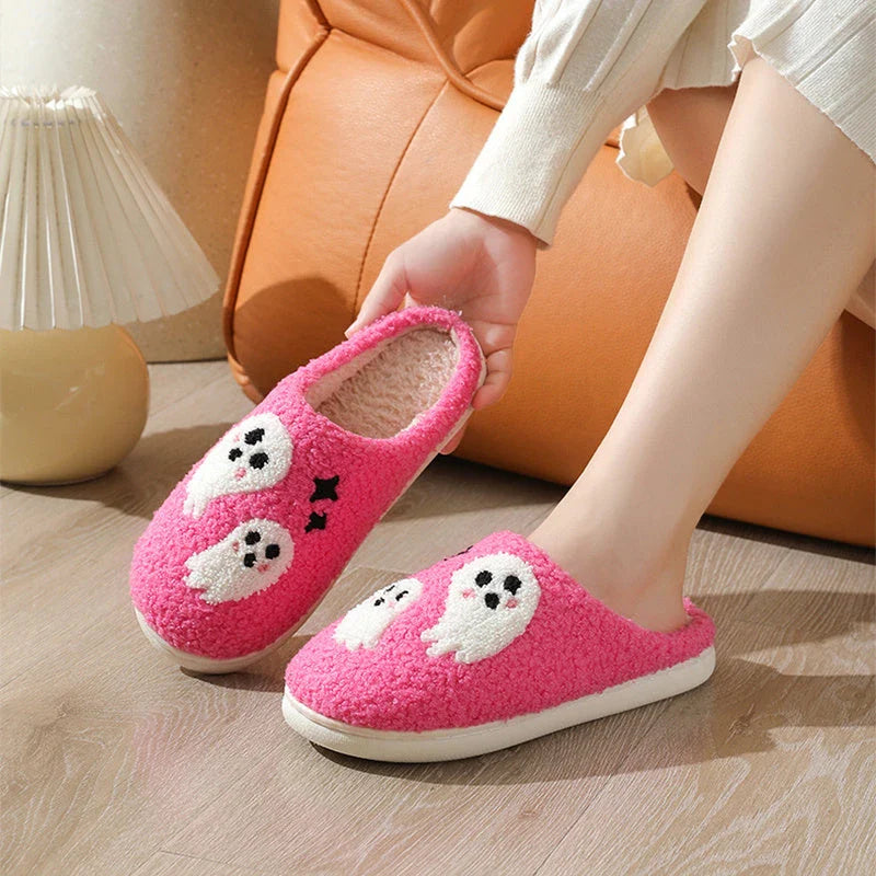 Cozy Halloween ghost slippers for women with soft cotton construction and non-slip rubber soles