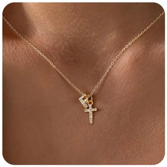 A-Z zircon inlaid letter necklace on a copper regular chain with electroplated finish