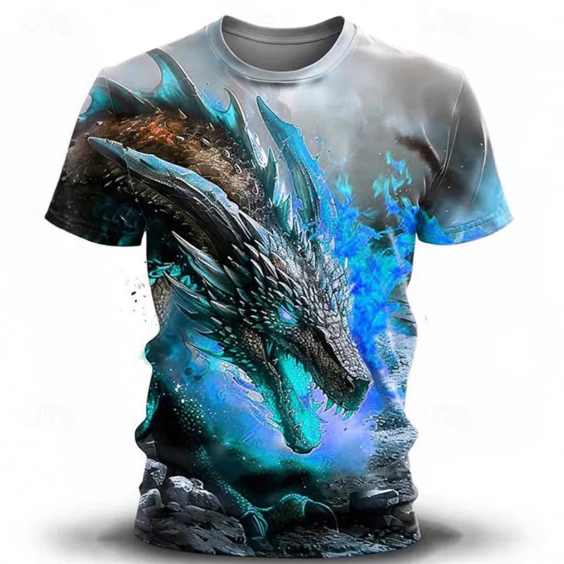 Men's grey T-shirt with a large blue and white 3D wind dragon printed design on the front.