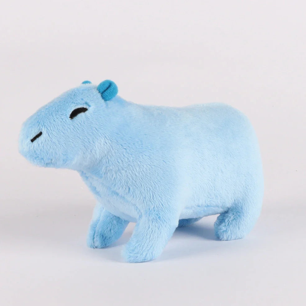 Capybara plush toy with super soft short plush fabric in blue, grey, pink, and brown colour options