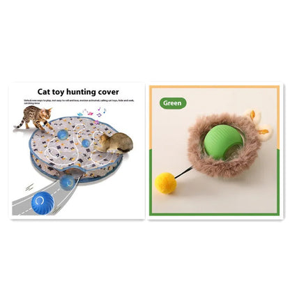 Plush silicone rolling ball cat toy in red, green, and grey colour options for feline self-play entertainment