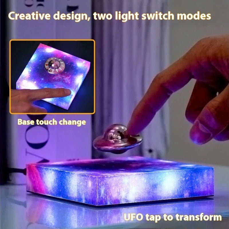 Levitating UFO Galaxy Lamp with color-changing RGB lighting, magnetic suspension, and a glowing galaxy base