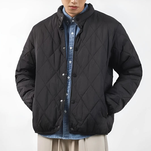 Men's black winter padded jacket with diamond lattice quilting and lengthened 100cm cut