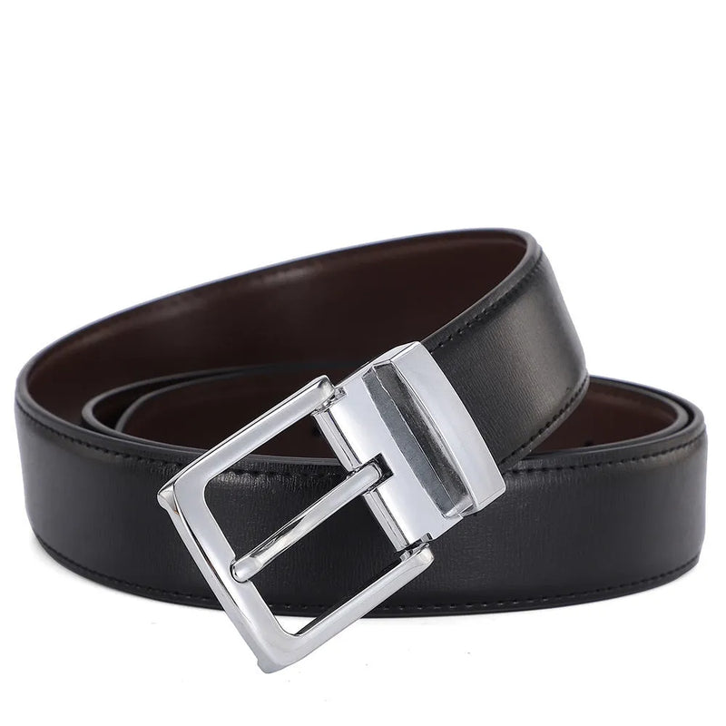 Men's genuine leather belt with alloy pin buckle in water flow or water drop pattern, embossed two-layer cowhide leather construction, choice of six lengths from 105cm to 130cm and three colour pattern options for versatile wardrobe styling.