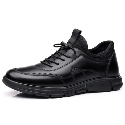 Men's black leather casual shoes with square heel and leather stitching details