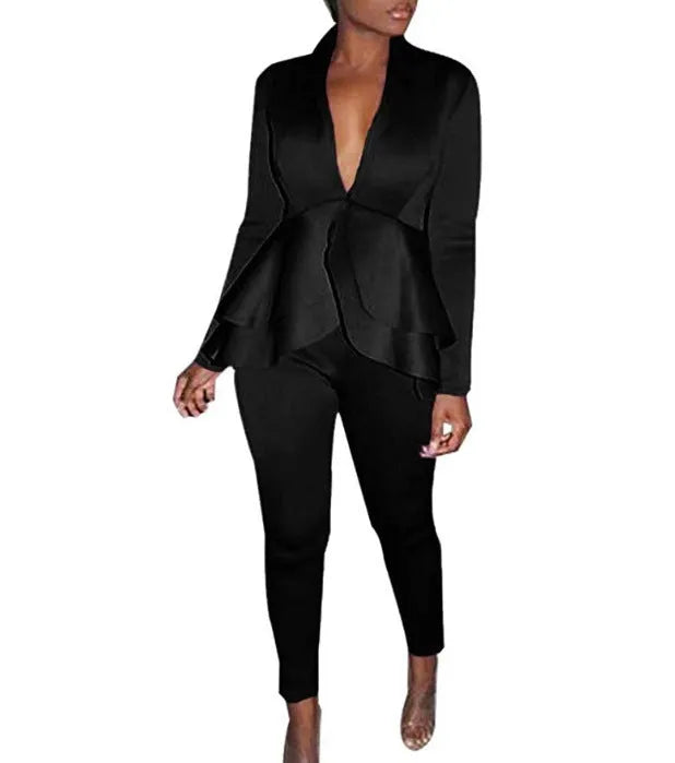 Ruffled shirt and pencil pants business casual wear set in polyester fabric
