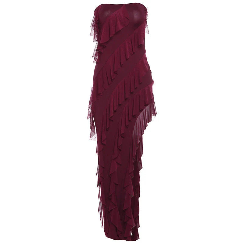 Backless cocktail dress with tassel and split details, available in various colors including black, wine red, red, and brown