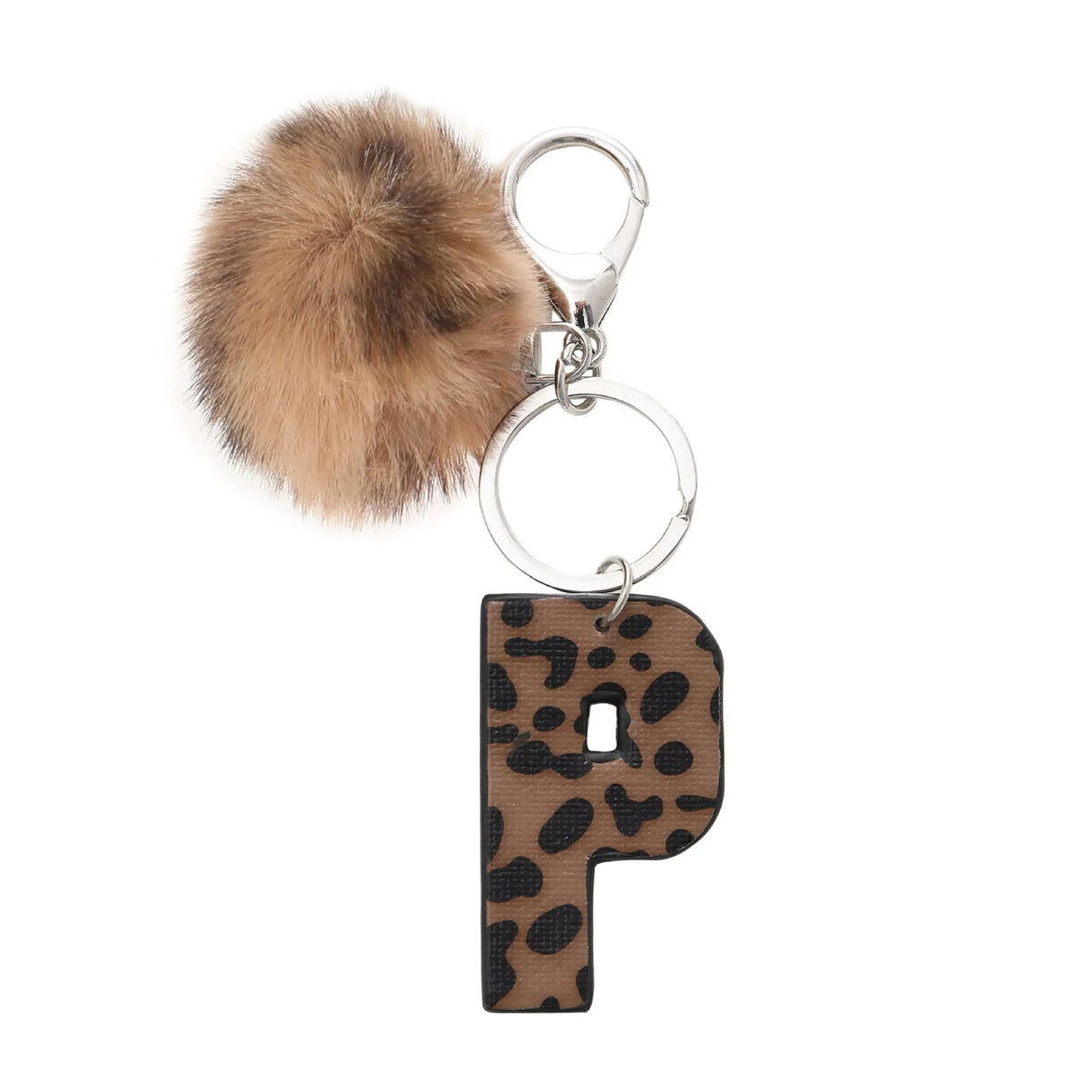 Leopard-print artificial leather keychain with oil-edged acrylic letter and included key ring, retro style