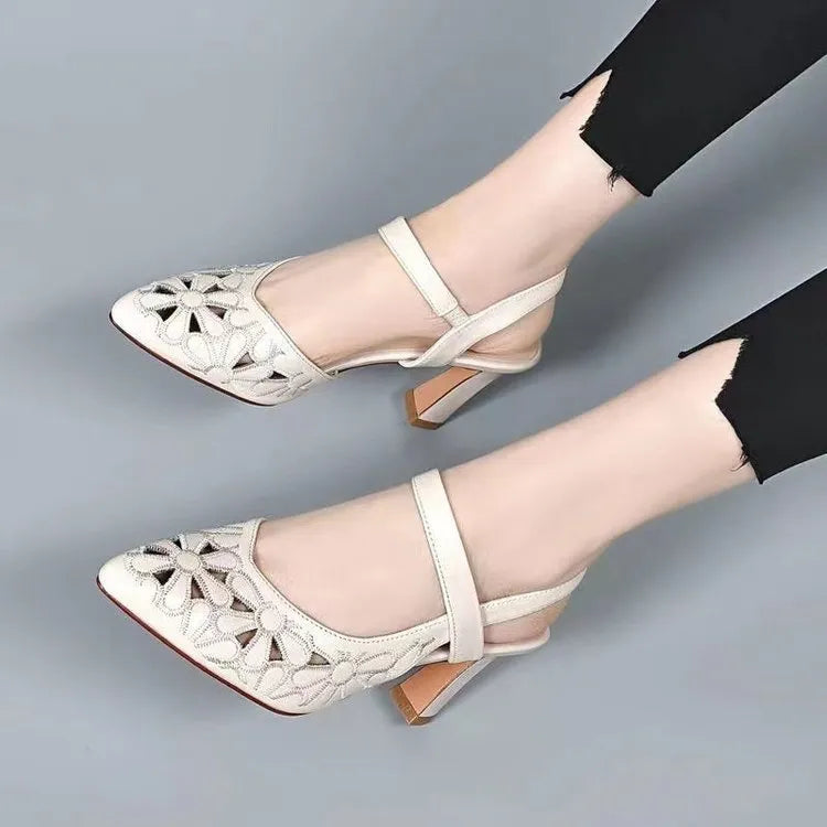 Women's pointed toe backless sandals in red with a hollowed toe box and high heel