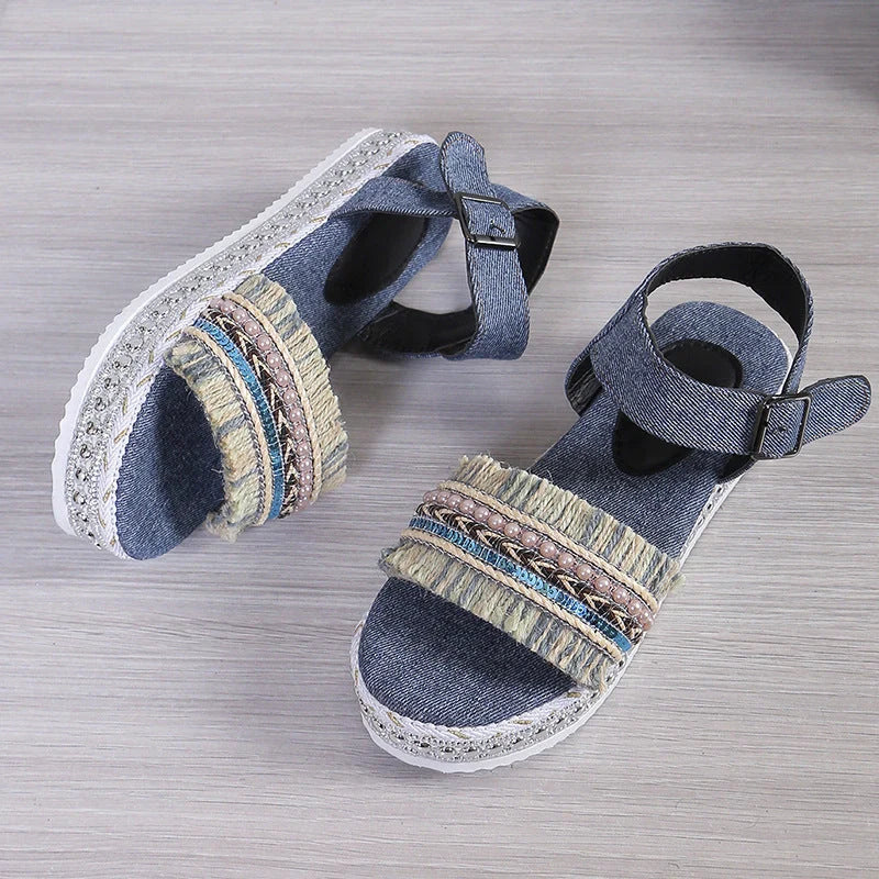 Women's denim tassel sandals with thick flat heel and hemp rope sole in black and blue