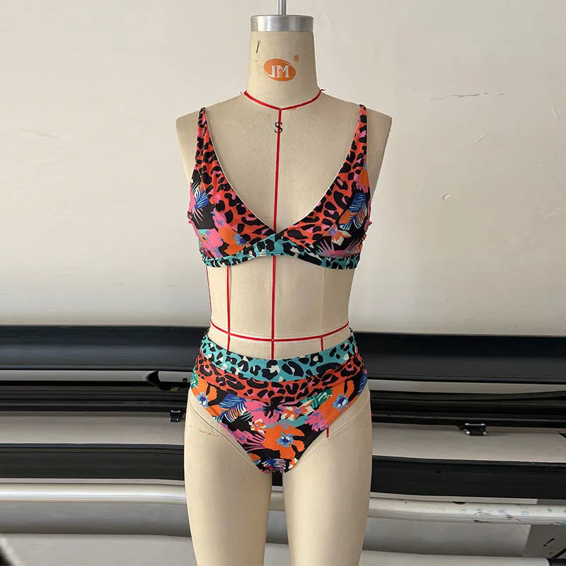 Women's floral print high-waist bikini set for swimming activities