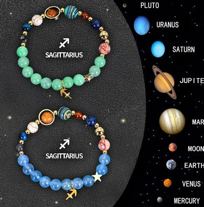 Two adjustable zodiac bracelets with natural stone beads and stainless steel charms showing 18-22cm circumference