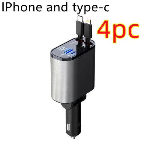A sleek, metal 100W car charger with USB and Type-C ports for fast charging on the go