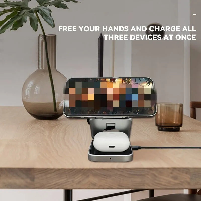 Folding three-in-one wireless charging bracket for desktop with Apple, Samsung and Google Pixel Watch support