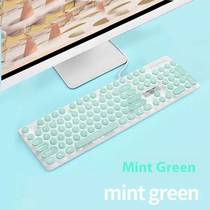 Punk mechanical feel keyboard with backlight in mint green, pink, or black blue light colours, measuring 44cm wide