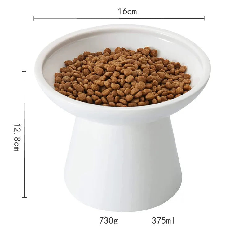 Elevated wide shallow ceramic cat food and water bowl in blue, green, pink, or white colour options.