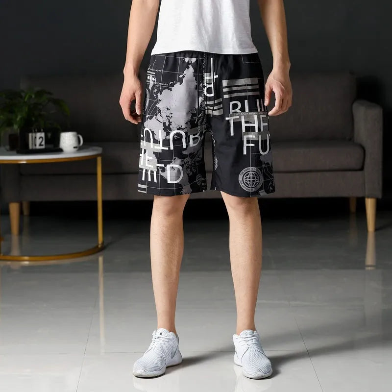Man wearing loose-fitting striped beach pants made from quick-dry ice silk fabric.