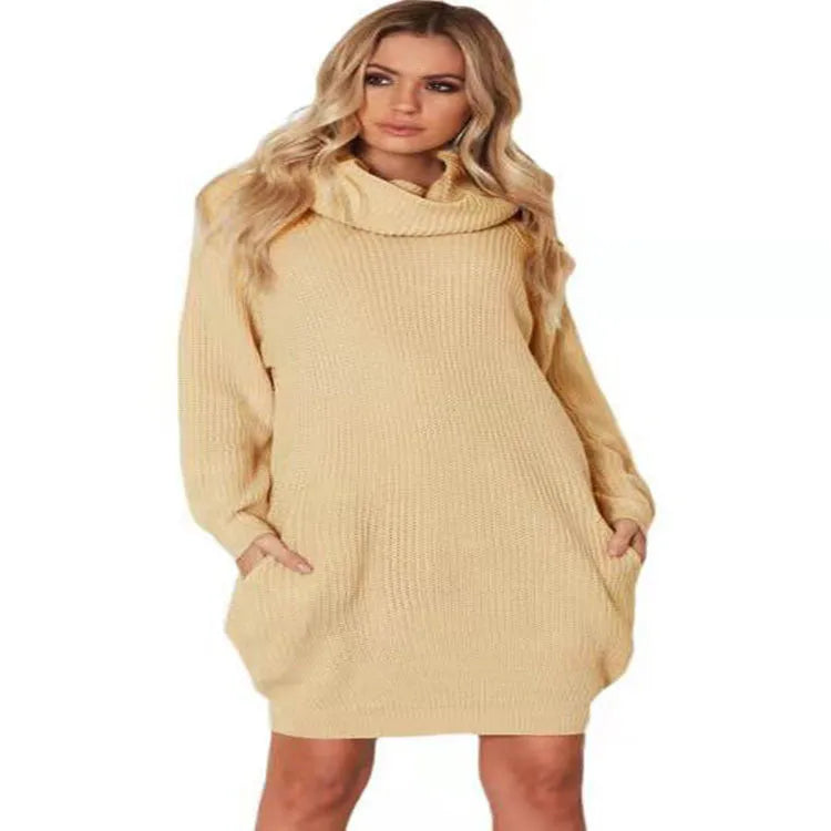 Women's apricot lapel-neck sweater with side pockets, loose slim fit.