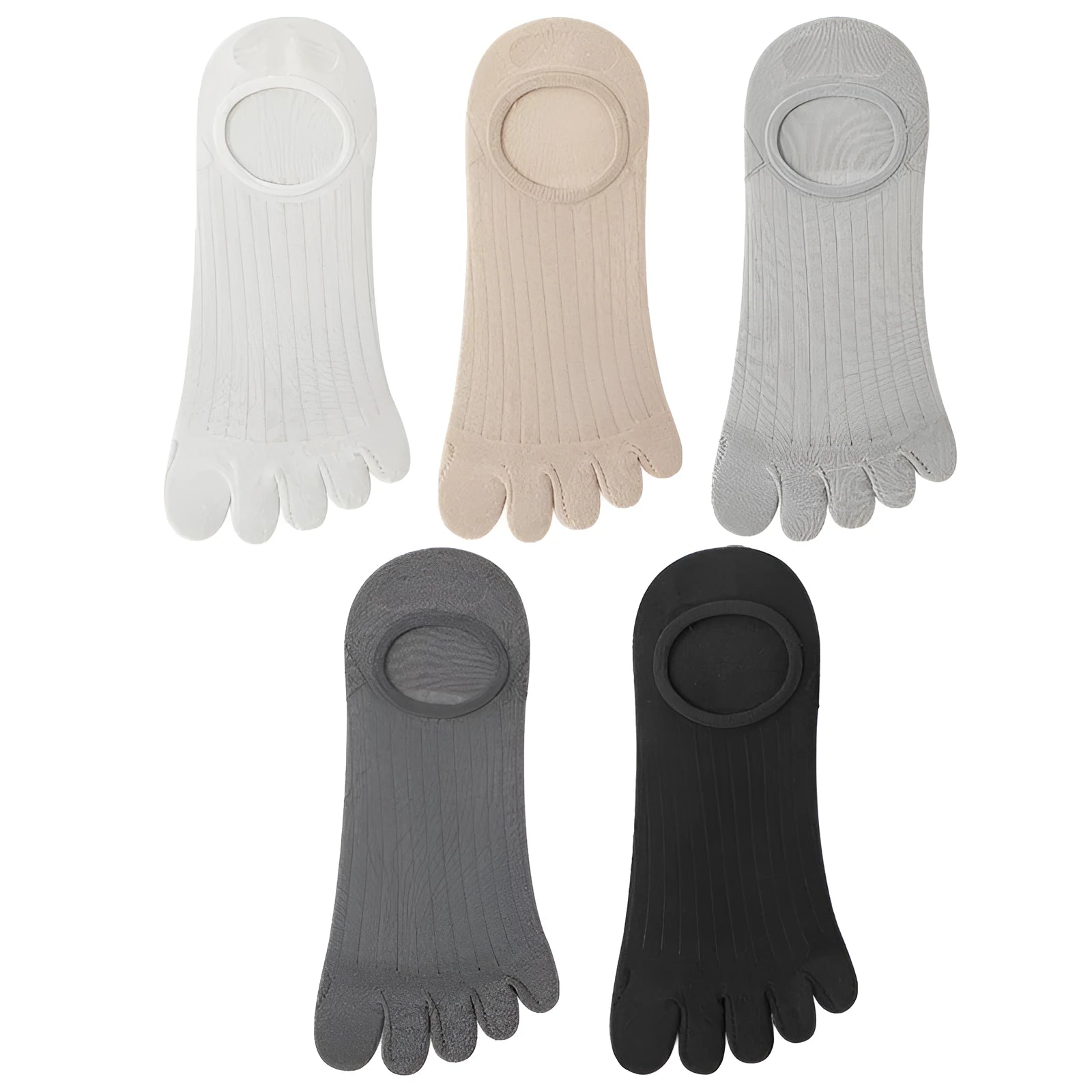 Men's five-finger invisible socks in modal fabric, shown in assorted colours including black, grey, and khaki.