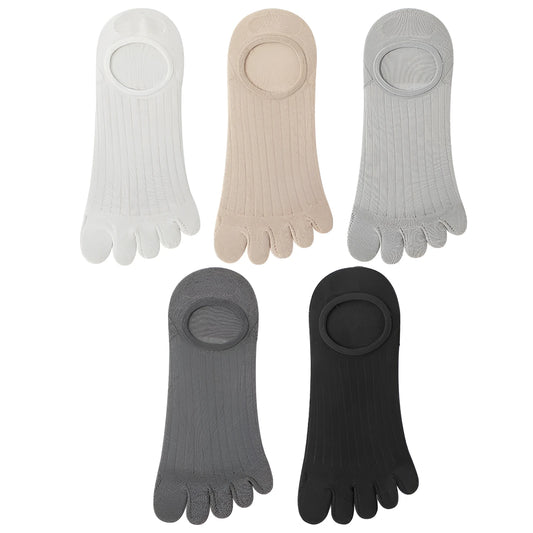 Men's five-finger invisible socks in modal fabric, shown in assorted colours including black, grey, and khaki.