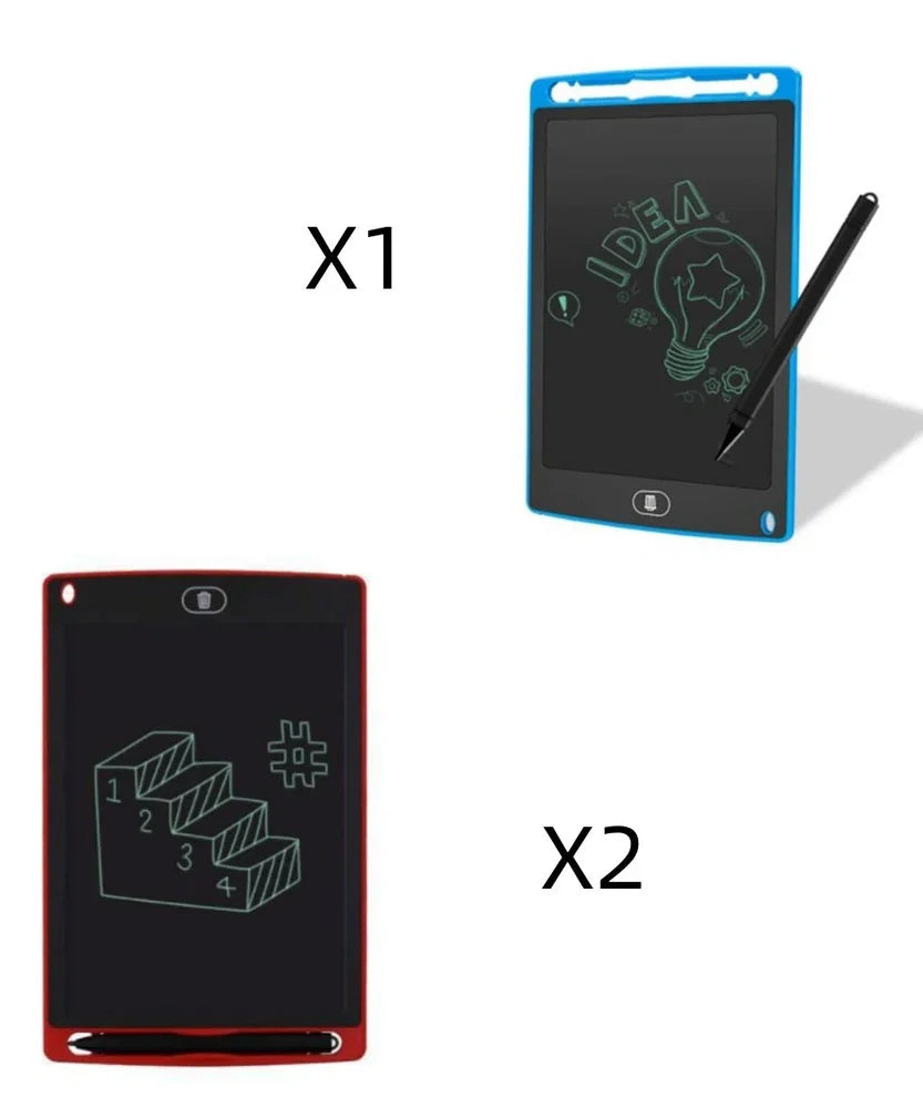8.5-inch LCD writing board with stylus showing pressure-sensitive writing on blue background