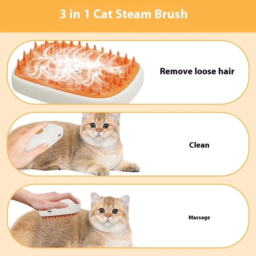 USB-rechargeable pet steam brush with gentle steam function for effortless cat grooming