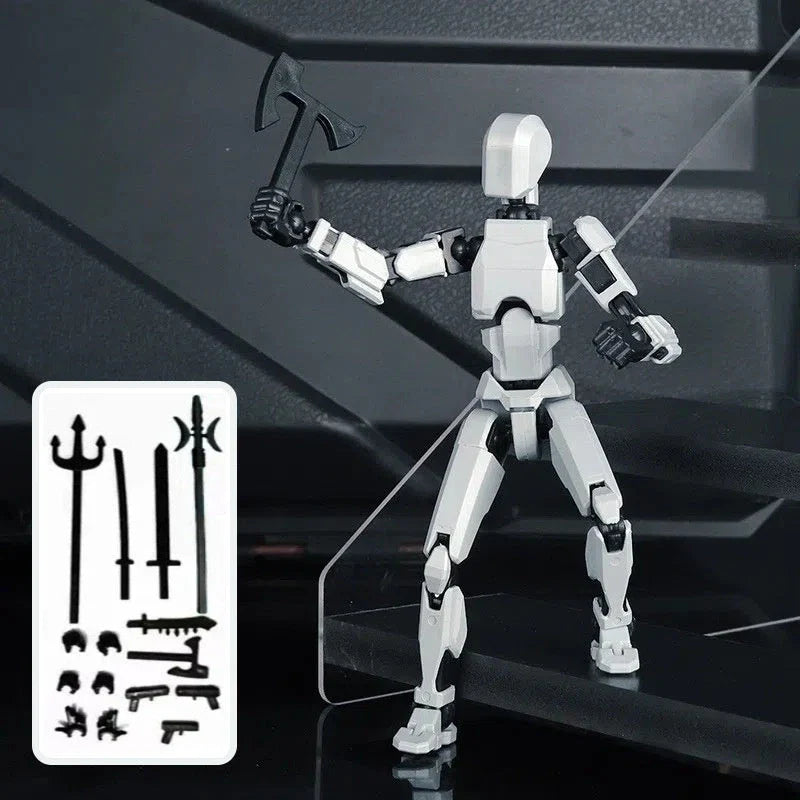 Highly posable 3D printed robot mannequin toy with interchangeable accessories, including wings and weapons