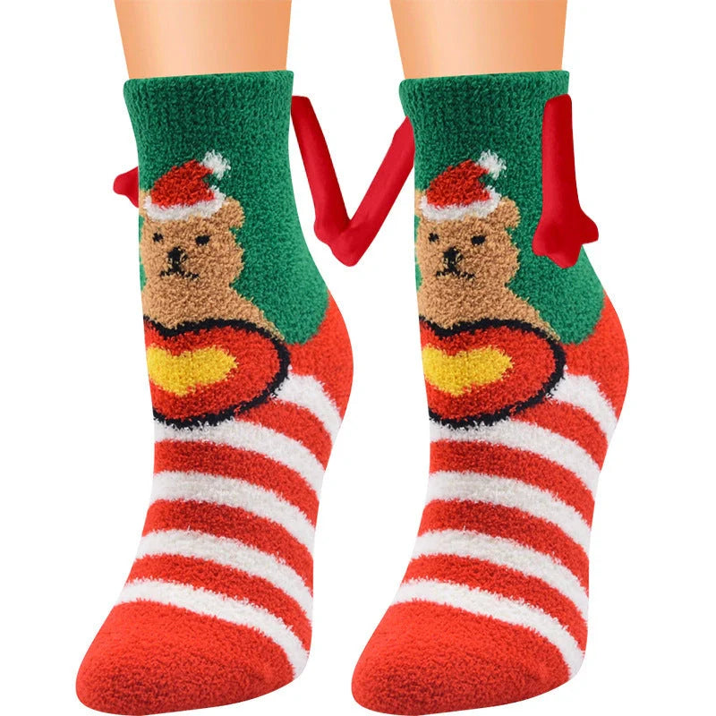 Christmas couple socks with magnetic connection feature and 3D animal patterns