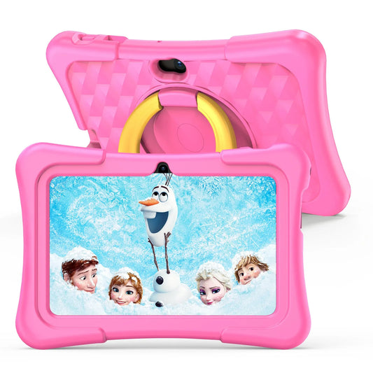 Blue 7-inch children's educational tablet with silicone protective cover and rotation handle bracket showing screen