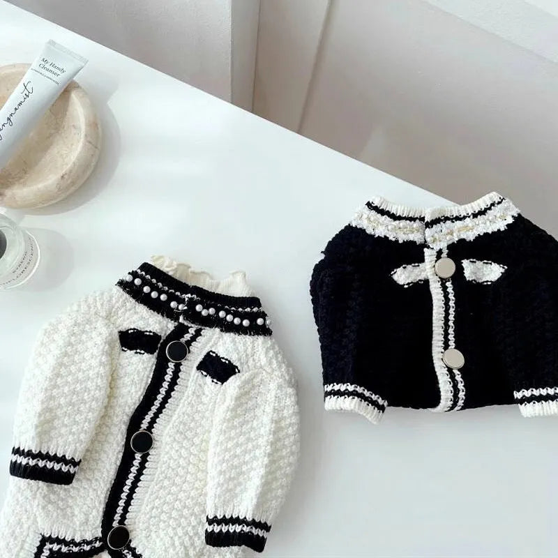 White Korean-style puppy sweater with a pearl collar on a small dog, showing the princess style design.