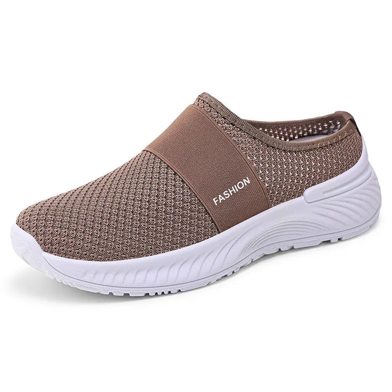 Women's breathable mesh casual shoes in beige, flat heel, round toe, PVC sole, sizes 36-43.