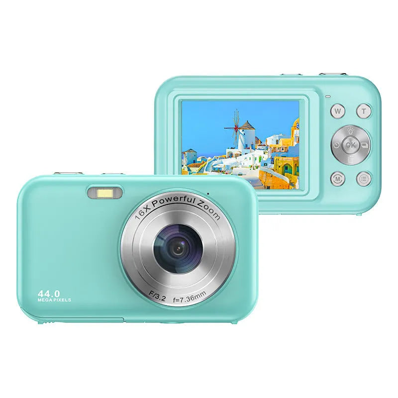 Home HD digital children camera in purple colour showing 2.4-inch screen and lens, measuring 8.5cm wide