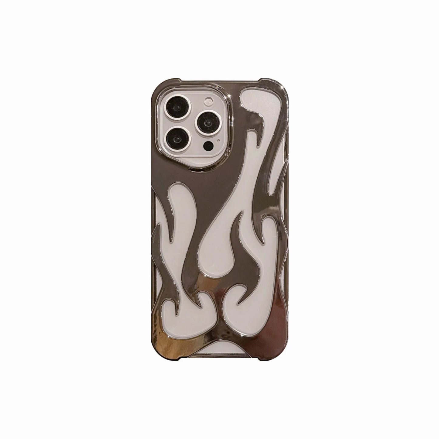 Electroplated hollow flame pattern phone case in silver plated finish on Apple iPhone, showing heat dissipation design and TPU soft shell