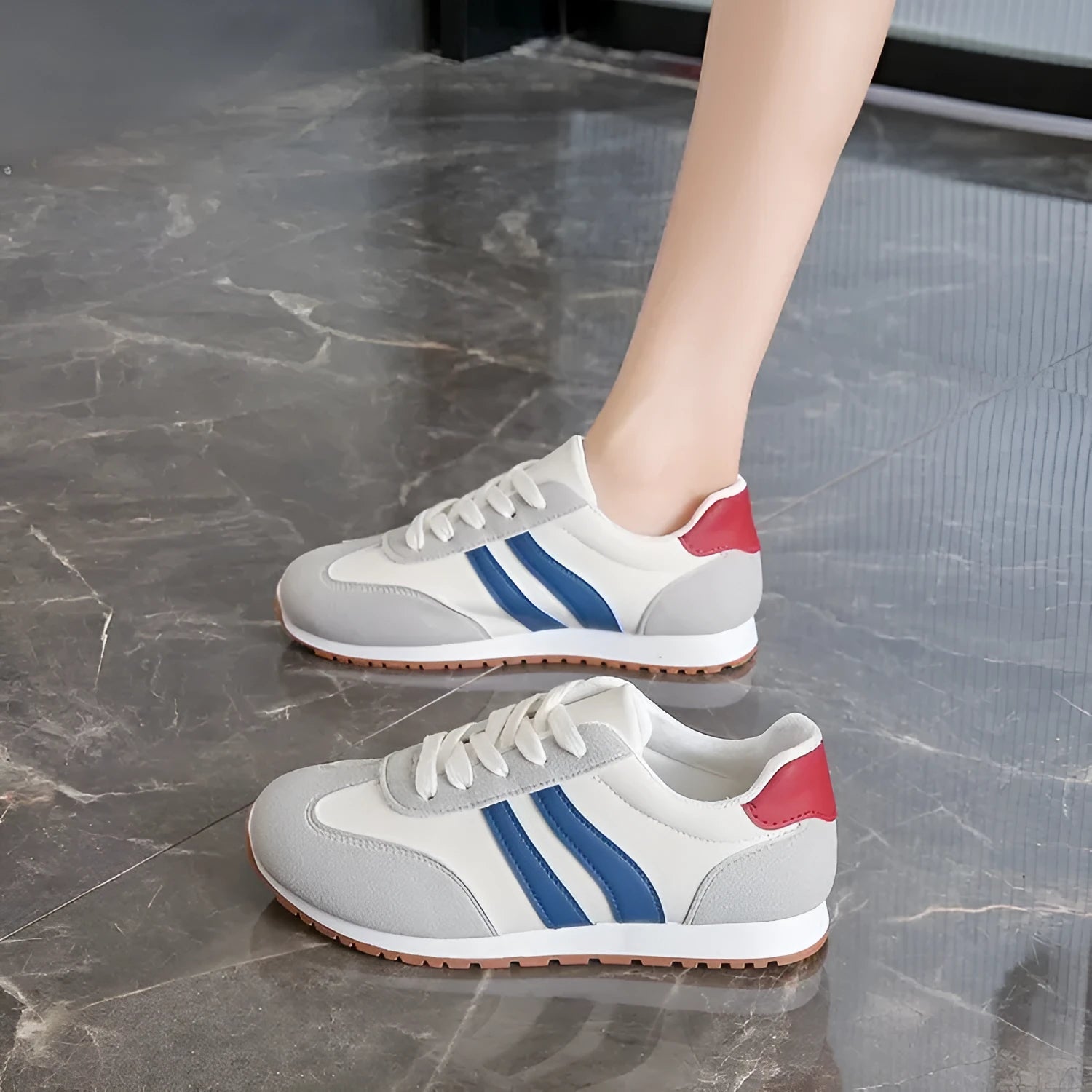 Blue and grey Cortez stripe casual sports shoes with round toe and flat rubber sole