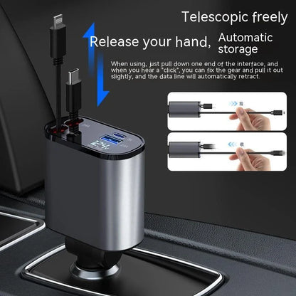 A sleek, metal 100W car charger with USB and Type-C ports for fast charging on the go
