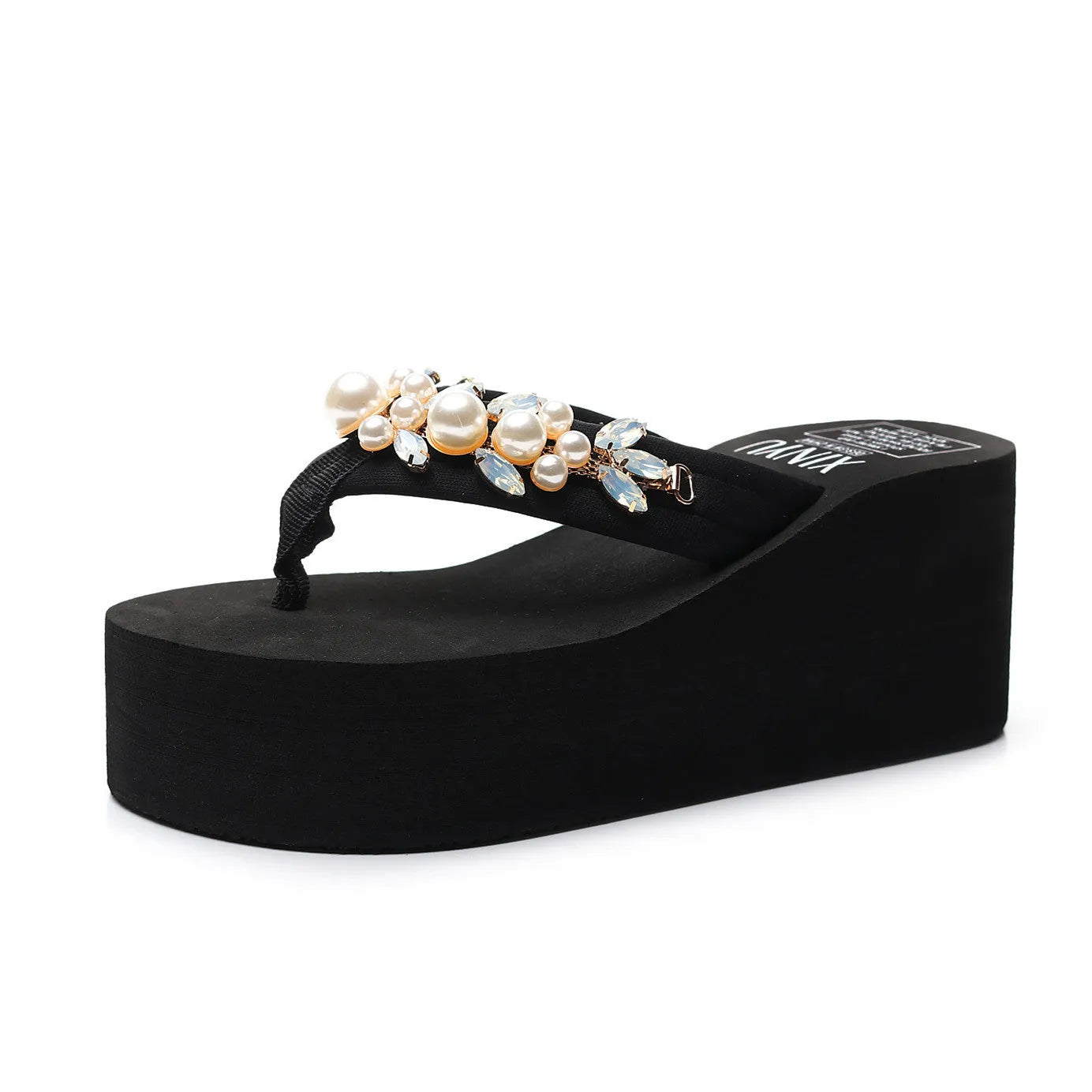 Women's black and beige high-heeled flip-flop sandals with cotton cloth straps