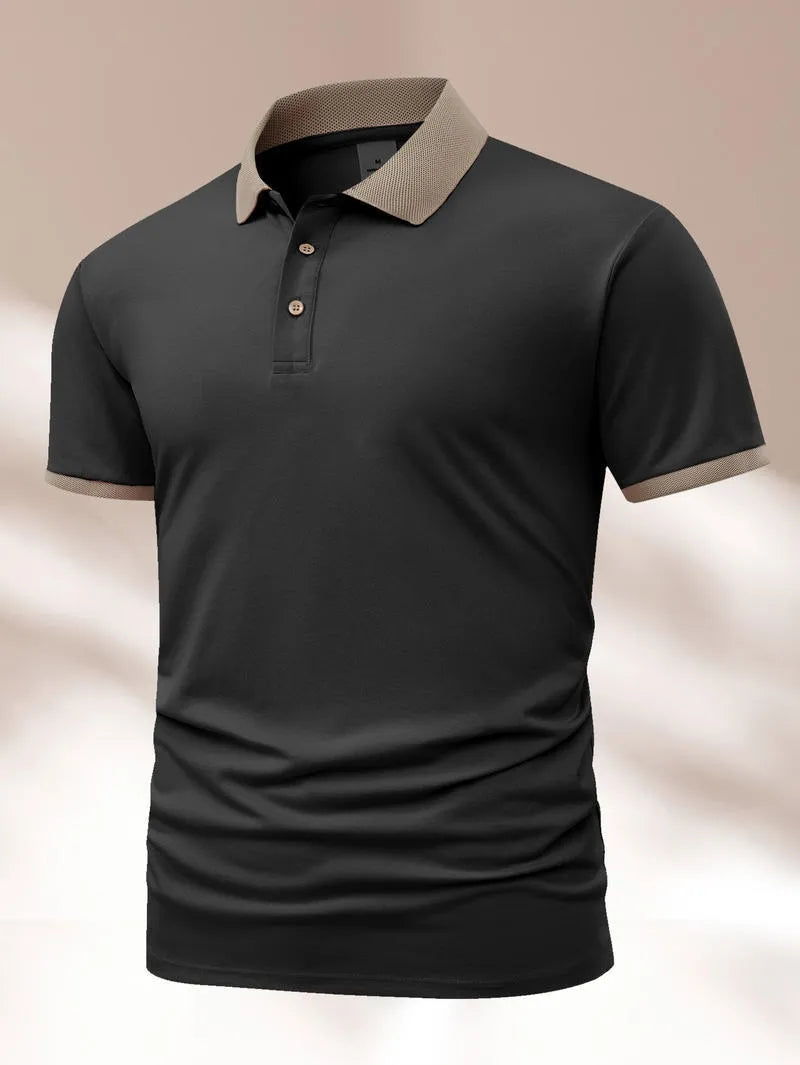 Summer polo shirt in ice silk fabric with printed flocking design on front, short sleeves