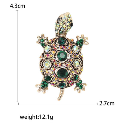 Retro rhinestone turtle brooch pin in blue green or red colours with animal modelling design