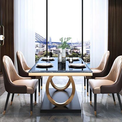 Modern slate dining table with marble finish and metal frame, rectangular shape with choice of pineapple or round-back chairs