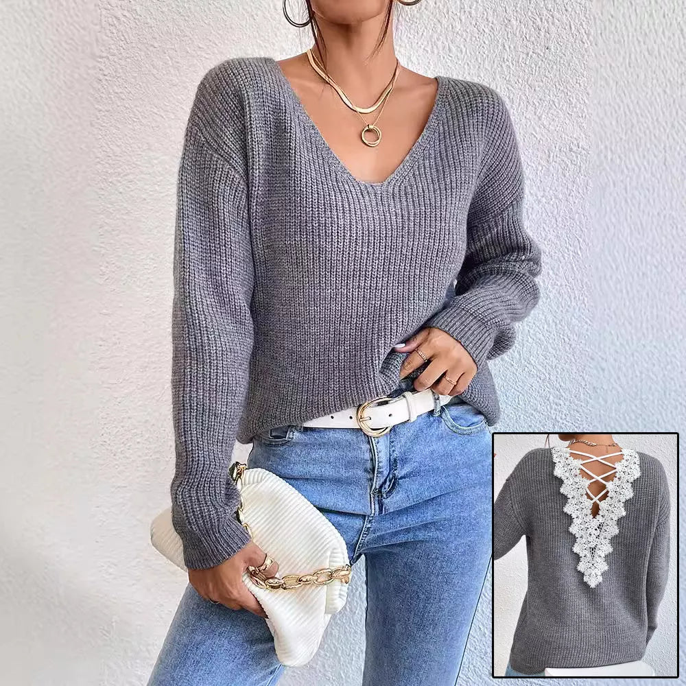 Y2K V-neck backless acrylic sweater for women in gray, black, and blue