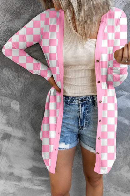 Women's long grey plaid knitted cardigan coat with loose fit and regular sleeves on a hanger