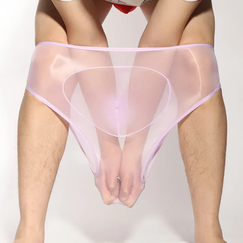 Men's shiny transparent nylon briefs with bullet separation design in multiple colours