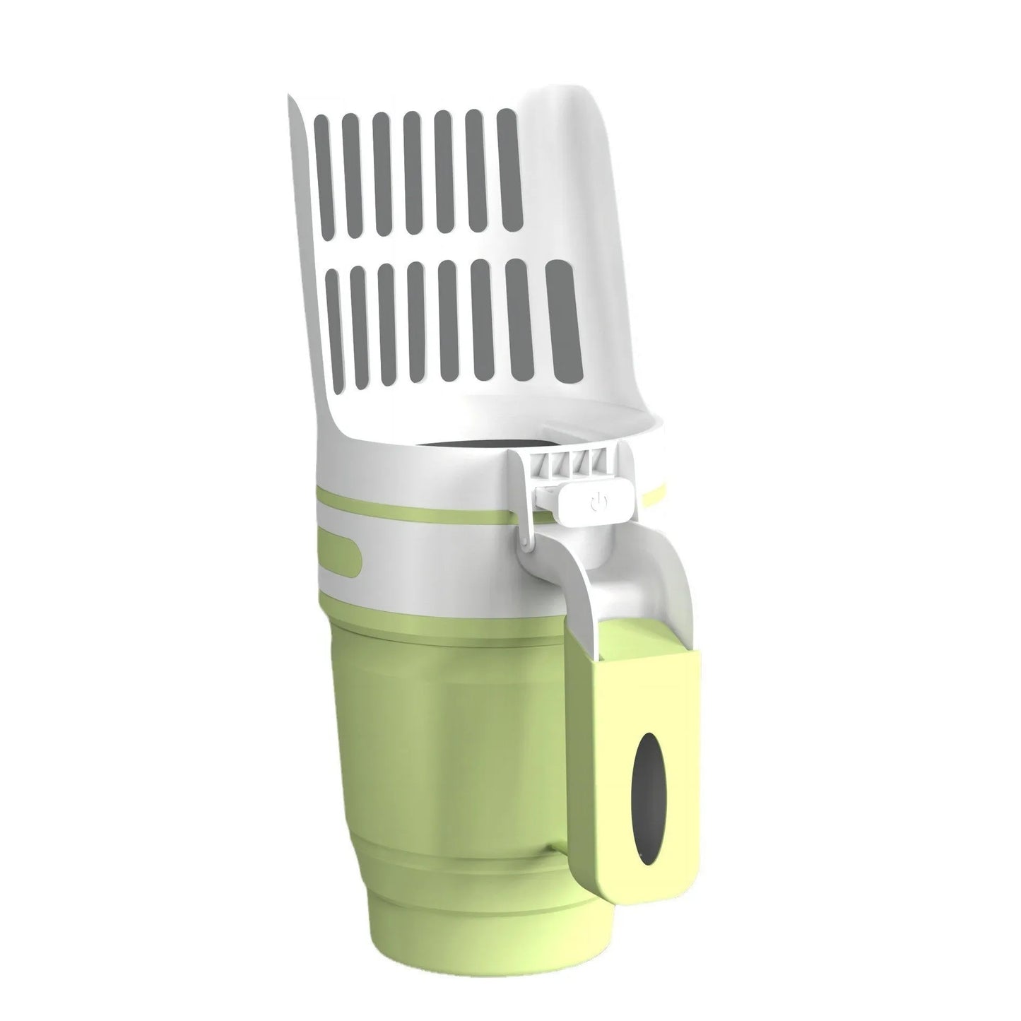 Grey cat litter scoop with attached waste collection bin and sheltered lid.